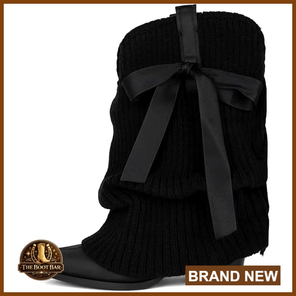 Knitted Cowgirl Boots Fold Over Slouch Western Ankle Booties Chunky Heel